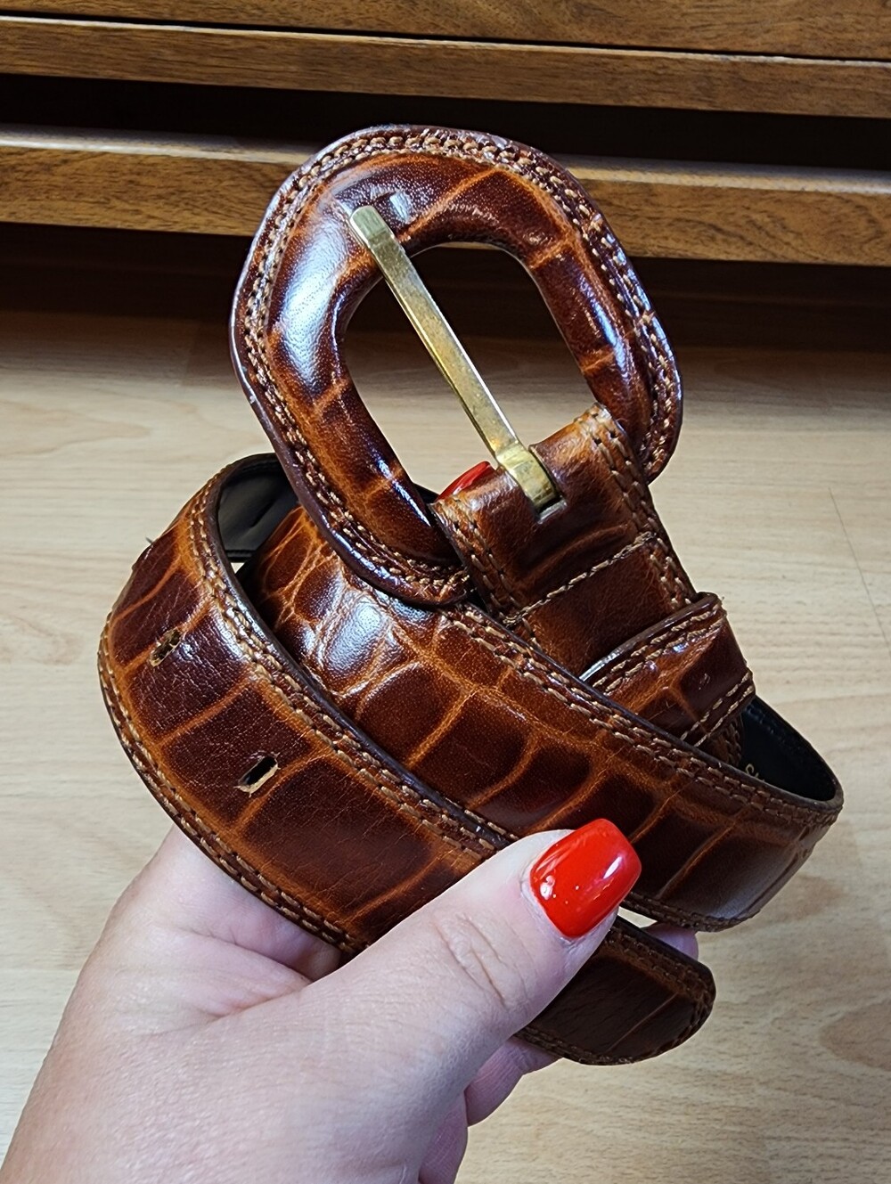 Genuine Leather Brown Croc Belt Size Small Liz Claiborne Boho